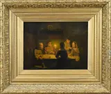 Onduid. gesig., Boeren interieur, figuren bij kaarslicht, Olieverf op paneel
