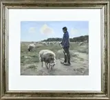 Boer met schapen in weiland by Willem Steelink, Aquarel op papier, offered Apr 2023