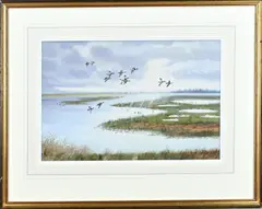 Richard Robjent, Plasgezicht met opvliegende eenden, Aquarel op papier