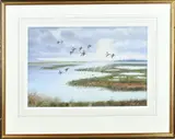 Richard Robjent, Plasgezicht met opvliegende eenden, Aquarel op papier