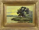 H. Van Leeuwen, Riviergezicht met boerderij, Olieverf op linnen