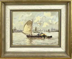 J. van Delden, Boot op het IJ in Amsterdam, Olieverf op linnen