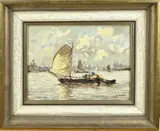 J. van Delden, Boot op het IJ in Amsterdam, Olieverf op linnen