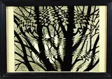 In de stijl van M.C. Escher, Weerspiegeling van bomen in water, Olieverf op glas