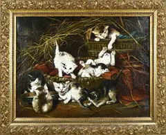 Monogram F.S., Spelende kittens, Olieverf op linnen