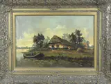 W. van Dalsen, Landschap met boerderij en punter, Olieverf op linnen