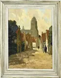 W. Markestein, Dorpsstraat met figuren, Olieverf op linnen