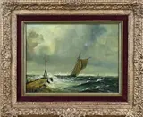 R. Hoedeman, Zeilboten op volle zee bij pier, Olieverf op paneel