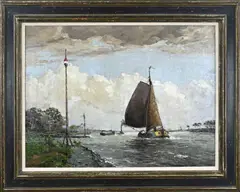 Cornelis de Bruin, Holland riviergezicht met platbodem, Olieverf op linnen