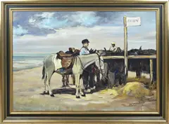 Jan van der Horst, Strandgezicht met figuur en ezels, Olieverf op linnen