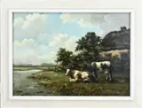Huib Cozijn, Landschap met boeren huis en koeien, Olieverf op linnen