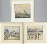 3x Indonesische School, Soewardja, Aquarel op papier