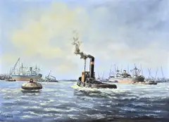 L. Scheen, Haven met sleepboot, Olieverf op paneel