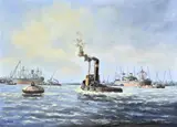 L. Scheen, Haven met sleepboot, Olieverf op paneel