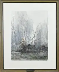 Theodorus van Oorschot, Bosgezicht met schuur, Aquarel op papier
