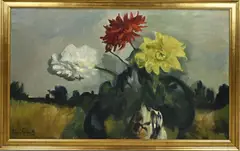 Chinese vaas met dahlia's by Piet van Wijngaerdt, Olieverf op linnen, offered Jan 2023