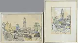 2x J. Andrion, 2x Dorpsgezicht met kerktoren, Aquarellen op papier