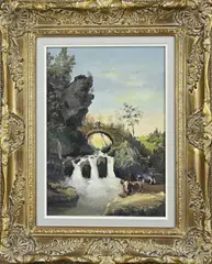 Jan Heininck, Rots met waterval en figuren, 1980, Olieverf op paneel