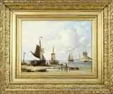 Nicolaas Martinus Wijdoogen, Hollands stadsgezicht met platbodems en visservolk, Olieverf op linnen