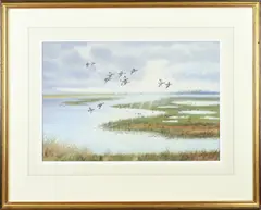 Richard Robjent, Waterlandschap met opvliegende eenden, Aquarel op papier
