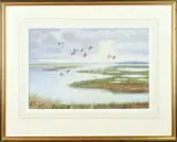 Richard Robjent, Waterlandschap met opvliegende eenden, Aquarel op papier