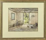 Willem Johannes Weissenbruch, Boeren binnenhuis met kippen, Aquarel op papier