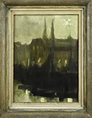 Frédéric De Smet, Havengezicht met kerk Ostende, Olieverf op paneel