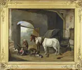 Monogram T.V.D.B., Stal interieur met vee, boer en boerin, 1859, Olieverf op linnen