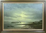 H.J. van Wijngaard, IJsselgezicht bij avond met schepen, Olieverf op linnen