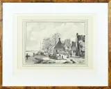 H.J. Doodkorte, Hollands dorp met figuren in de winter, 1842, Sepia op papier