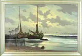 H.J. van Wijngaard, Hollandse platbodems op strand, Olieverf op linnen