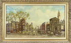 B.C. van Ettinger, Rotterdams stadsgezicht met grachten en figuren, Olieverf op linnen