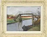 Claas Prins, Houten brug bij Giethoorn, Olieverf op paneel