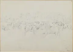 Houtskool tekening, Studie koeien in landschap, Houtskool tekening