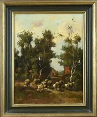 A. v.d. Pol, Landschap met herder en schapen, Olieverf op linnen