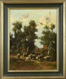 A. v.d. Pol, Landschap met herder en schapen, Olieverf op linnen