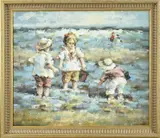 R. Renard, Spelende kinderen op strand, Olieverf op linnen