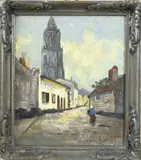 F. Galman, Hollands dorpsgezicht met figuur, Olieverf op paneel