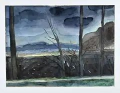 Clara de Jong, Landschap met dorpsgezicht, Aquarel op papier