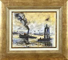 Toon Koster, Sleepboot in haven, Olieverf op board