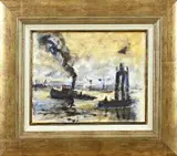 Toon Koster, Sleepboot in haven, Olieverf op board