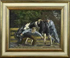 J. Meurs, Hoeven schaven bij stier, 1944, Olieverf op paneel