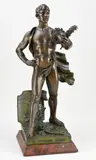 Antiek Frans figuur, 1880, Groot antiek Frans compositie metalen figuur op rood-marmeren basement