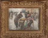 Adriaan la Rivière, Rotterdamse markt met figuren, Aquarel op papier