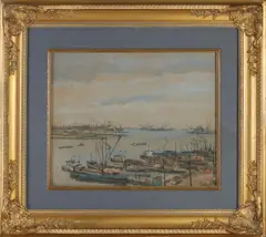 Bart Peizel, Havengezicht Rotterdam met schepen, Gouache op papier