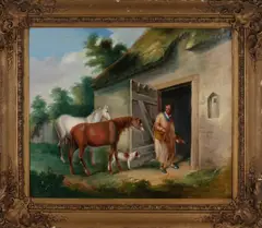 John Frederick Herring, Sr., Schuur met paarden, hond en figuur, Olieverf op linnen
