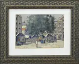 Nicolaas Bruynesteyn, Hollands stadsgezicht met markt en figuren, Olieverf op papier