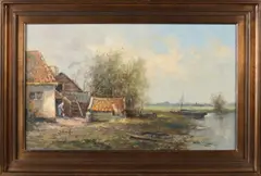 Jan Schaeffer, Landschap met boerderij, boot en boerin, Olieverf op linnen