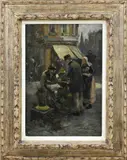 Adriaan la Rivière, Marktgezicht met figuren bij pannenverkoper, Olieverf op linnen