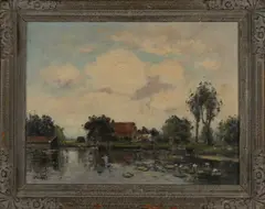 Piet de Regt, Plasgezicht met waterlelies en boerderij, Olieverf op linnen